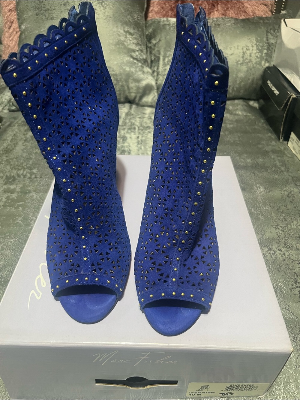 Marc Fisher Royal Blue Laser-Cut Peep Toe Heeled Booties